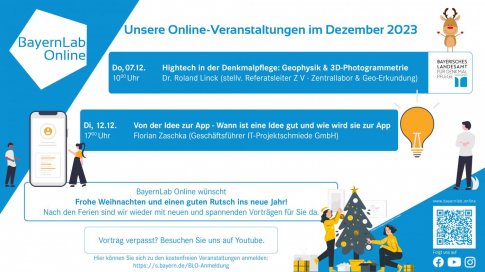 Veranstalungsgrafik von BayernLab Online; Informationen befinden sich auch im Fließtext; rechts oben ein Rentier; auf der linken Seite zwei Personen neben einem riesigen Smartphone; rechts eine Person neben einer leuchtenden Glühbirne; unten zwei Personen, die einen Weihnachtsbaum schmücken